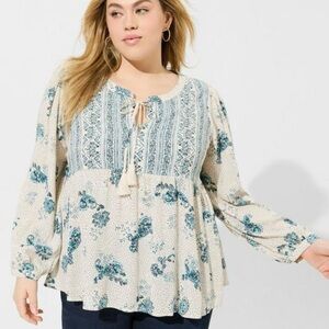 Torrid • Boho Floral Paisley Peasant Blouse with Tassel Tie • Size 1 (14/16)